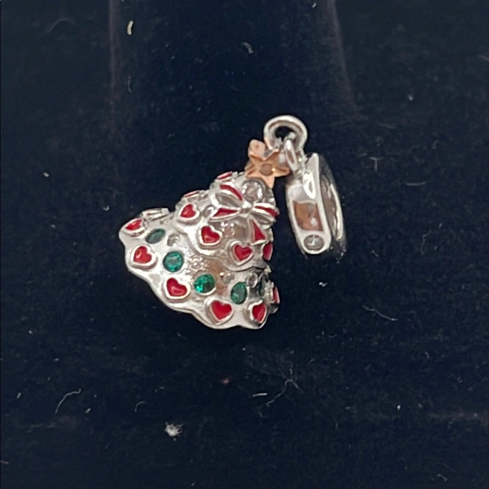 Silver Christmas Tree Charm with Red and Green Accents